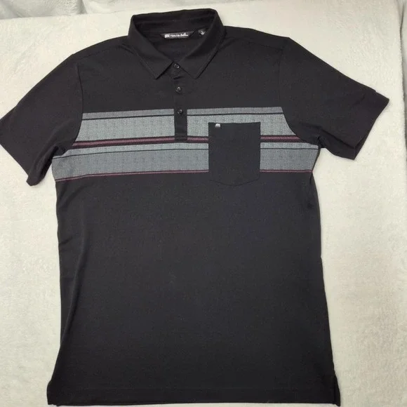 Travis Mathew Polo Shirt Mens Large Black Striped Pima Cotton Pocket Collared - Picture 2 of 11